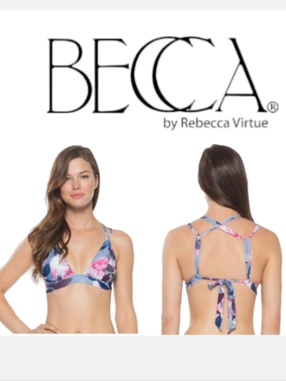 BECCA By Rebecca Virtue Strappy Bikini Top Blue/Pink Floral Sz M Coquette